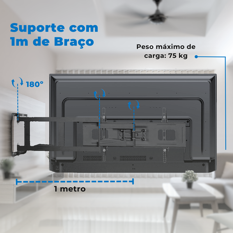 Suporte Articulado para Tv LED 65" á 86'' com Peso até 75 kg - Braço longo de 1 metro (100 cm) FT-64100X - Fixatek - Fixatek