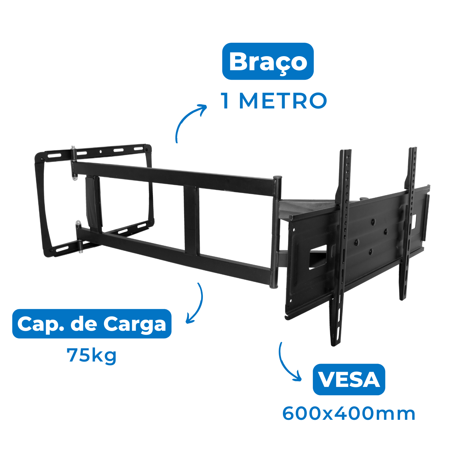 Suporte Articulado para Tv LED 65" á 86'' com Peso até 75 kg - Braço longo de 1 metro (100 cm) FT-64100X - Fixatek - Fixatek