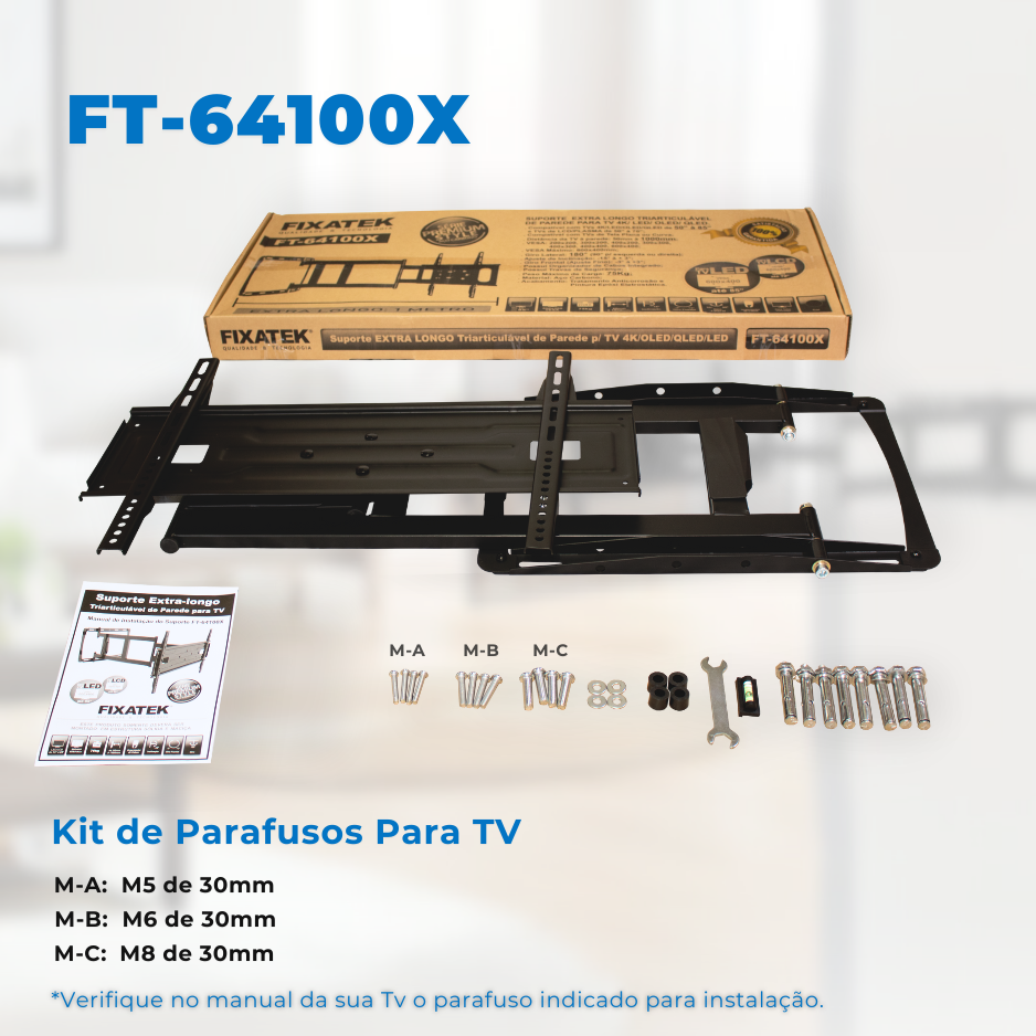 Suporte Articulado para Tv LED 65" á 86'' com Peso até 75 kg - Braço longo de 1 metro (100 cm) FT-64100X - Fixatek - Fixatek